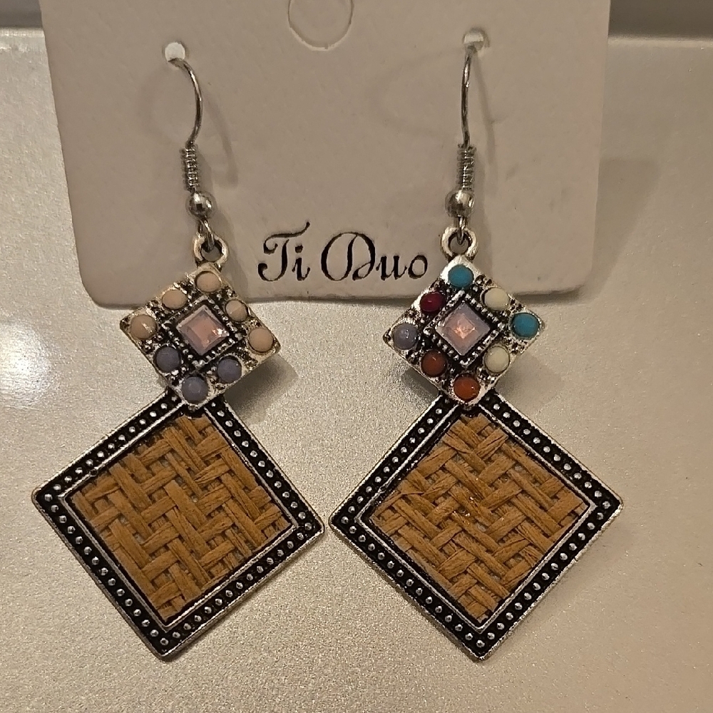 Silver and Brown Textured Square Earrings